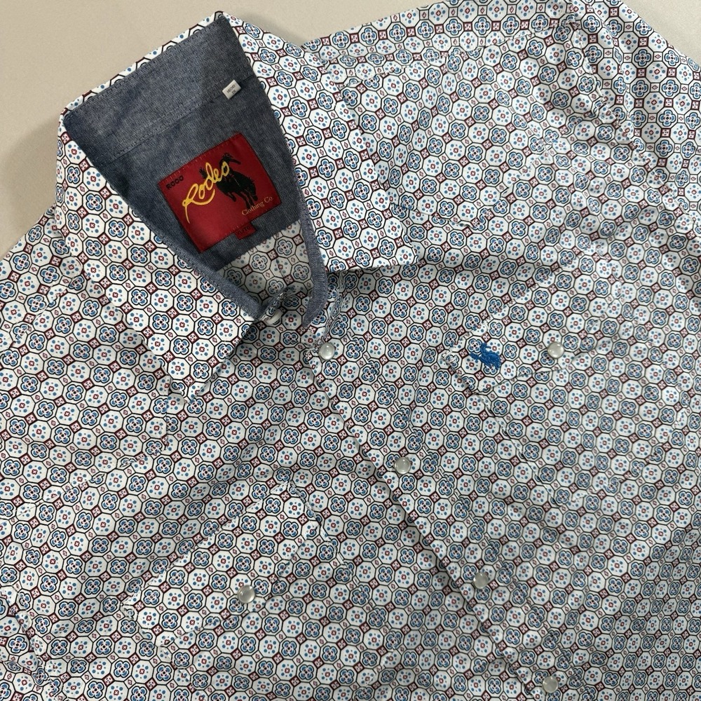 Rodeo Clothing Co Western Pearl Snap Shirt XL Geometric Print Cowboy